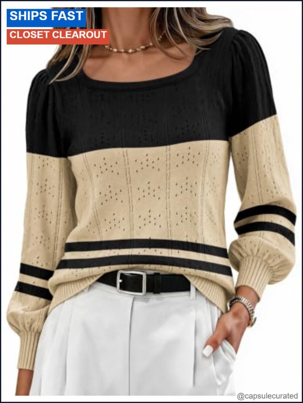 Square Neck Puff Sleeve Knit Tunic Sweater Casual Pullover Blouse